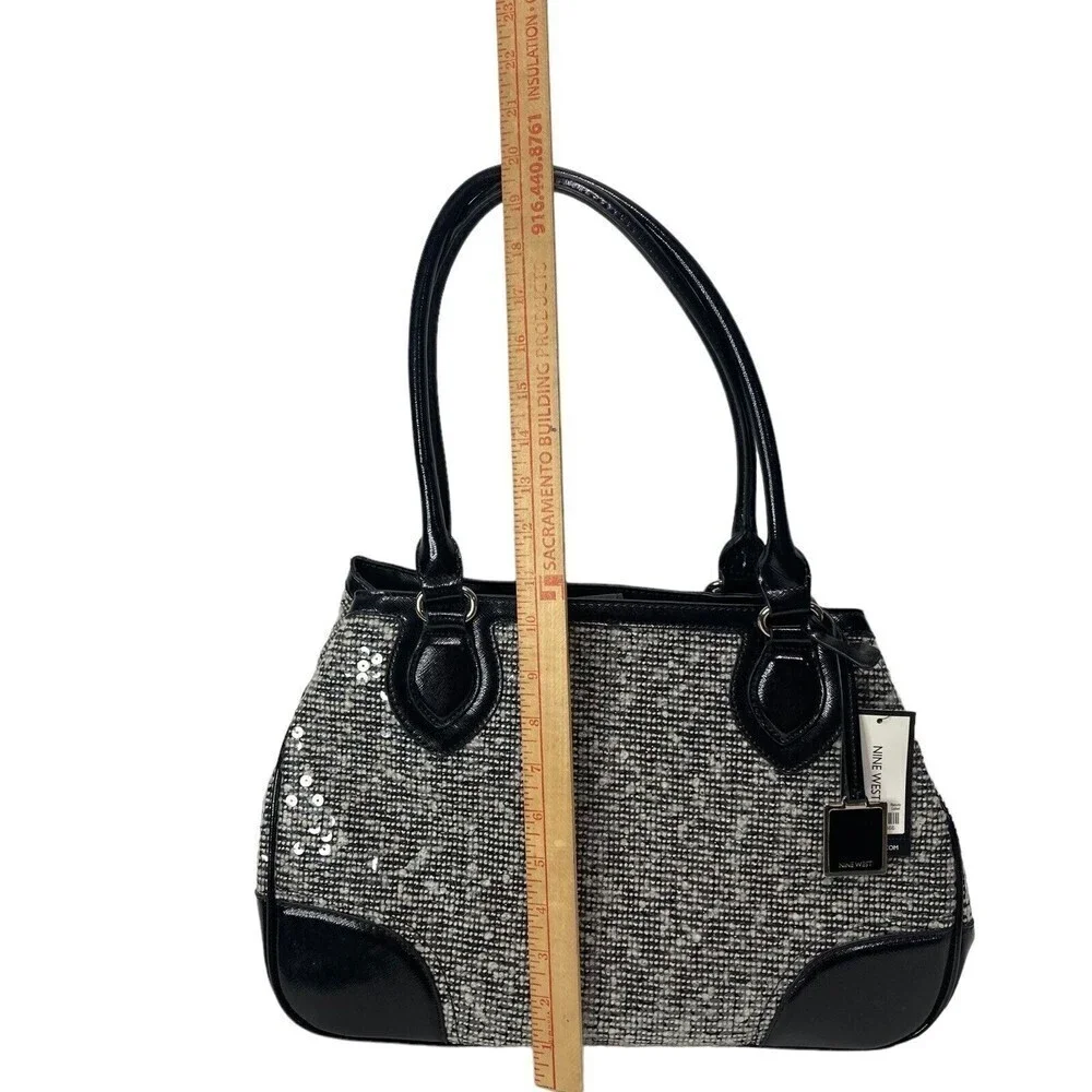 NWT NINE WEST‎ Handbag Satchel Double Handle Black White Sequins  15x10x5.5